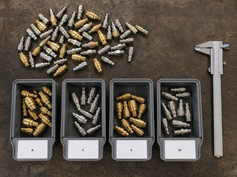 Mixed unmarked air hose coupler plugs being sorted into labelled bins during a shop drawer test