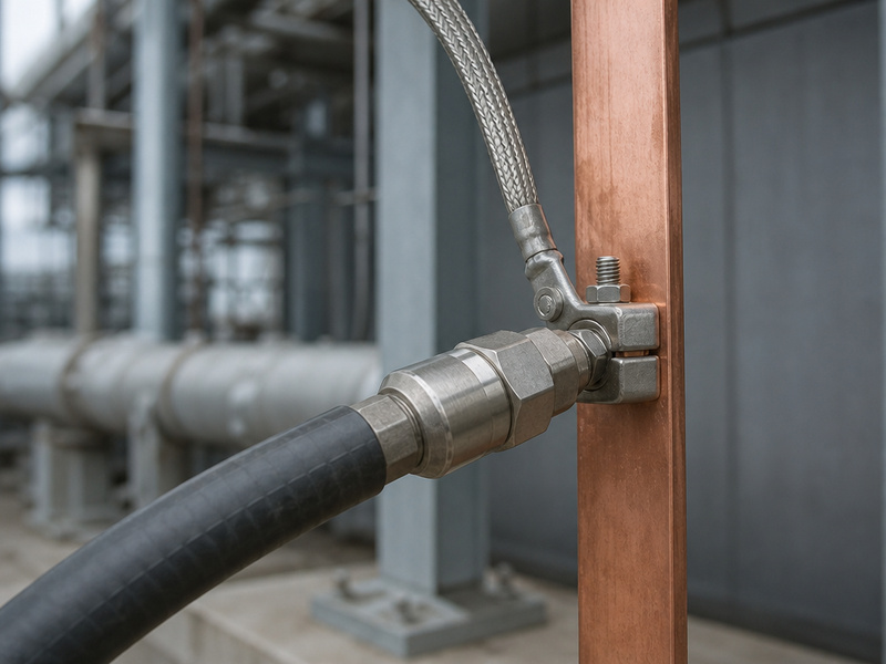 Static conductive chemical hose assembly bonded to a ground bus at a transfer station