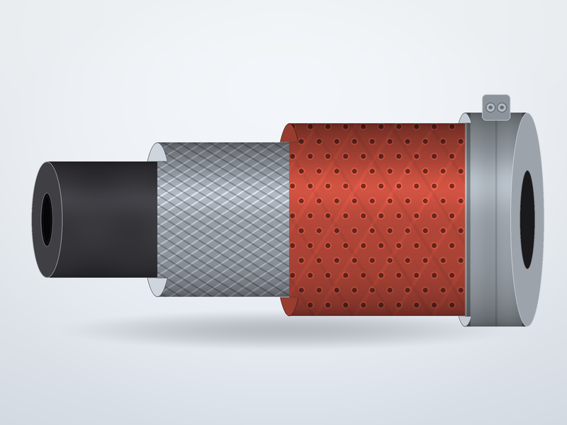 Diagram of the four layers of a steam hose: EPDM tube, textile or steel wire reinforcement, perforated cover and end fitting