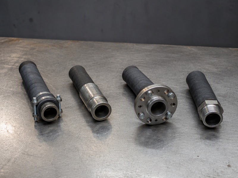 Comparison of steam hose end connections: bolted safety clamp, crimped ferrule, flange and threaded adapter