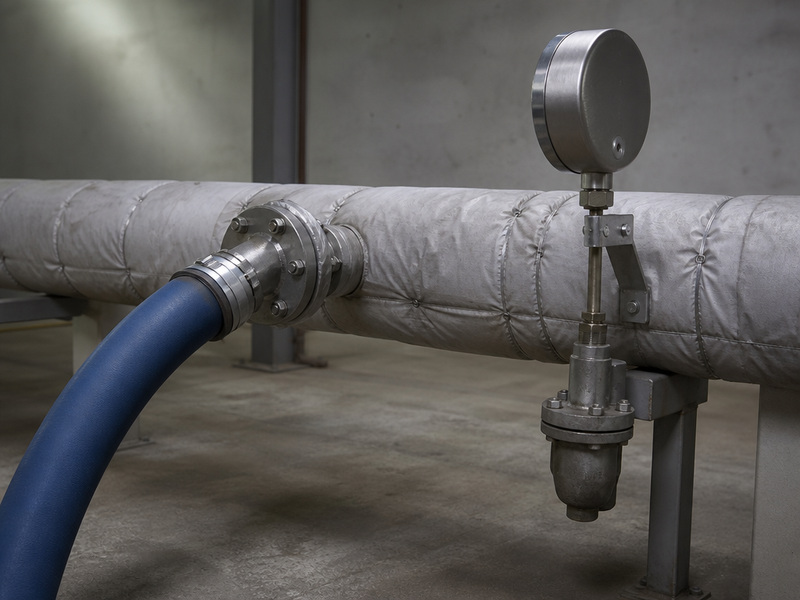 Steam hose connected to a saturated steam header with a pressure gauge and steam trap