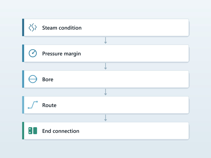 Five-step flowchart for choosing a steam hose covering steam type, pressure, bore, length and end connection