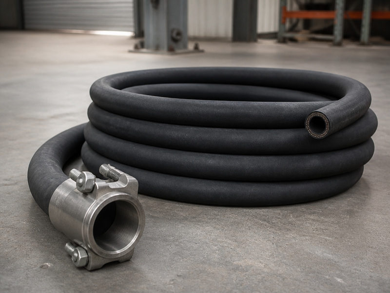 Coiled EPDM steam hose with steel wire braid and a bolted safety clamp end fitting on a workshop floor