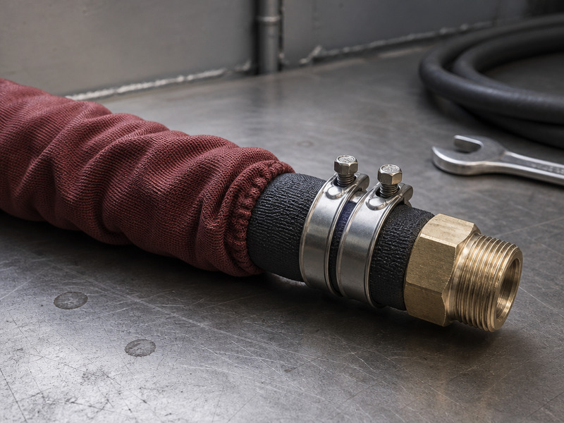 Steam hose end fitted with a bolted safety clamp, brass adapter and protective sleeve on a bench