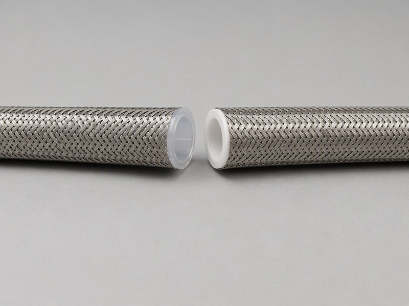 Semi-transparent FEP chemical hose and opaque white PTFE hose side by side on a clean bench