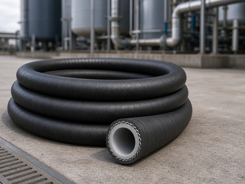 UHMW lined chemical hose with stainless steel helix coiled in a chemical plant