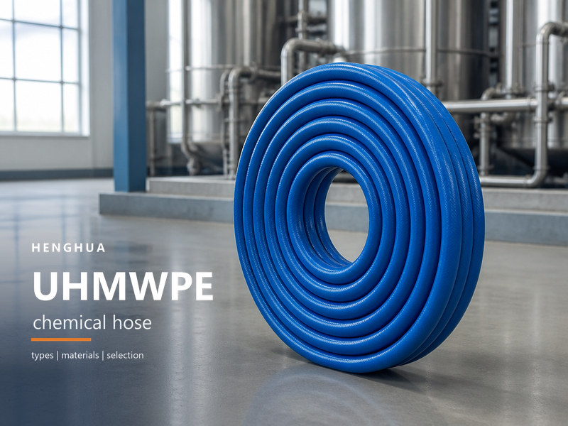 Coiled UHMWPE chemical hose with a blue EPDM cover standing in a chemical plant