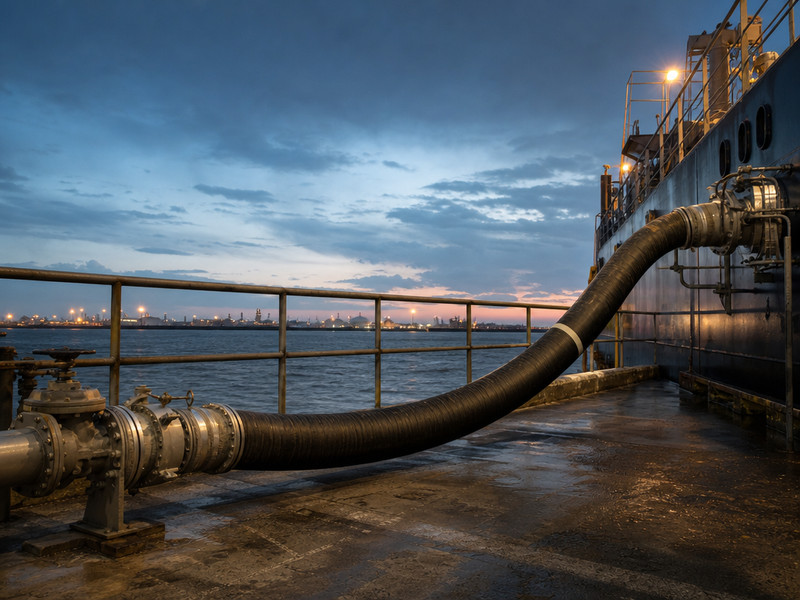 Shore-side transfer facility loading a vessel with a marked chemical transfer hose