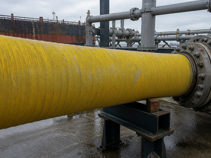 Chemical marine transfer hose with a colored cover made up on a dock manifold at a US terminal