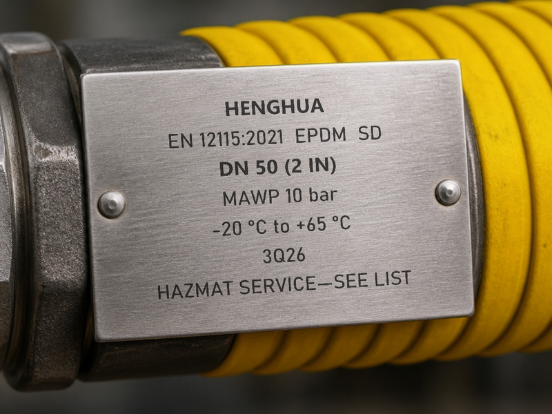 Stainless steel tag on a hose end printed with the MAWP, size and identification code