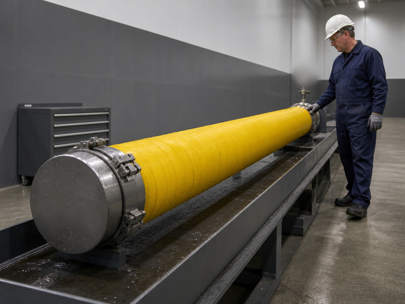 Marine transfer hose under a hydrostatic pressure test on a factory bench
