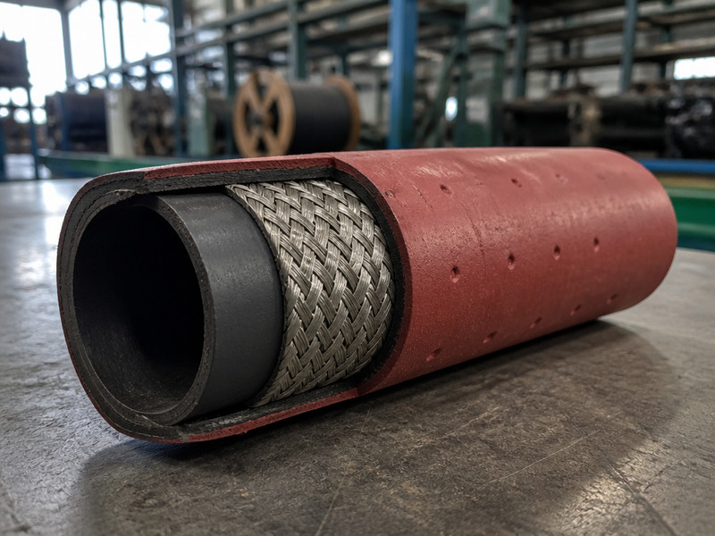 Cutaway of an EPDM steam hose showing the tube, steel wire reinforcement and pin-pricked cover