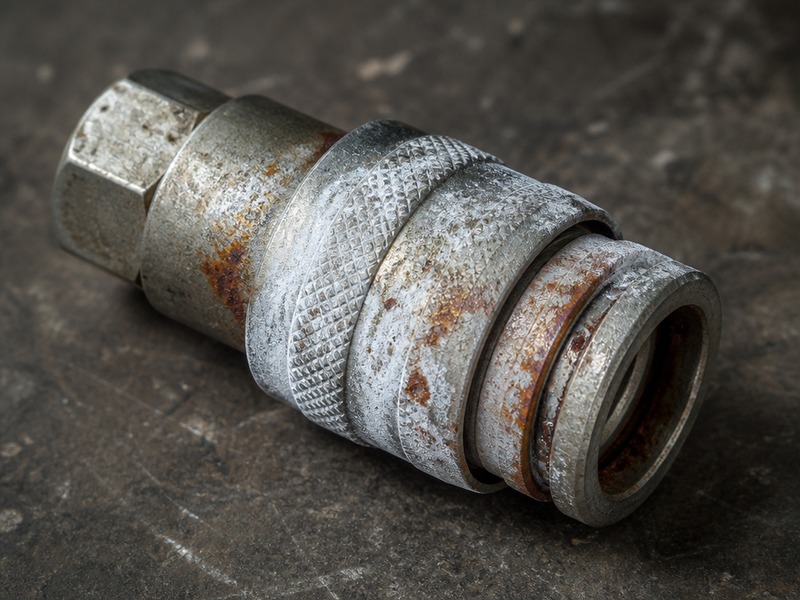 Close-up of a zinc plated steel air coupler showing white corrosion powder and red rust at the collar