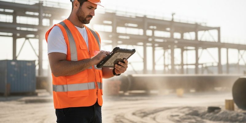 A construction professional wearing an orange safety vest and hard hat using a rugged tablet on a dusty industrial construction site.