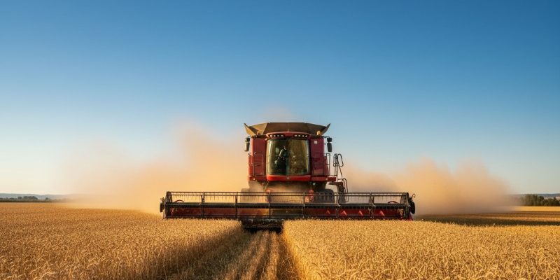 A red combine harvester harvesting a field of golden wheat during sunset, with a clear blue sky and dust rising behind the machine.