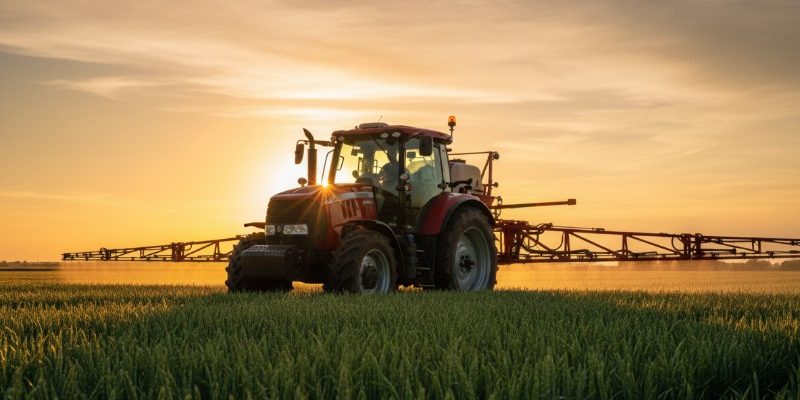 A red modern tractor with a large boom sprayer applying treatments to a green wheat field at sunset.