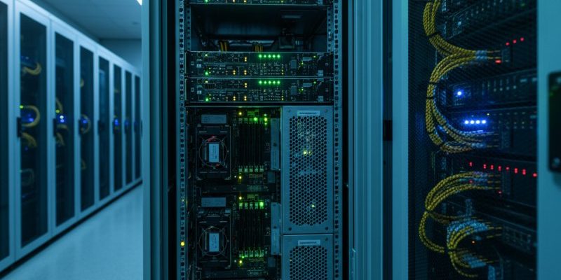Modern server racks in a data center, displaying detailed hardware with green and yellow LED lights, yellow network cables, and a cool blue-green lit corridor.