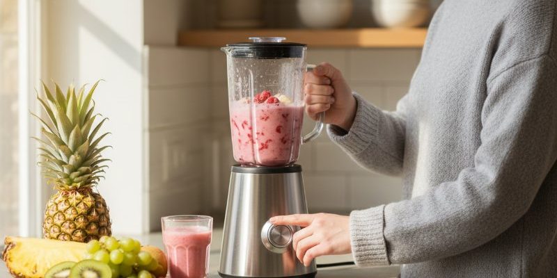 A woman uses a stainless steel blender to prepare a pink fruit smoothie in a bright kitchen, surrounded by fresh pineapple and grapes.