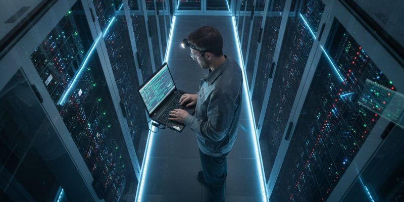 technician-laptop-modern-data-center-blue-lights