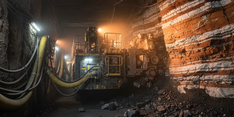 A heavy-duty underground continuous mining machine excavates a rock face featuring distinct orange and white mineral layers in a dimly lit industrial mine tunnel.