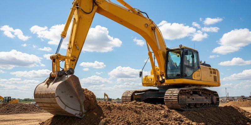yellow-excavator-working-on-dirt-pile-at-construction-site